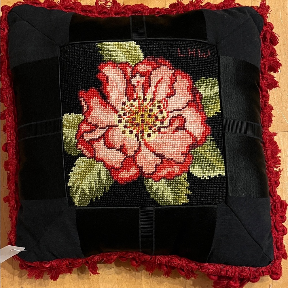 Red and Black VTG Floral luxury designer classic Pillow hand embroidered/Mint c